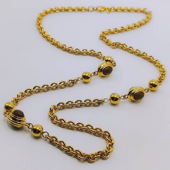 Vtg Monet Signed Cable Chain Cabochon Glass Link Station Necklace Gold-tone OS - Picture 1 of 7